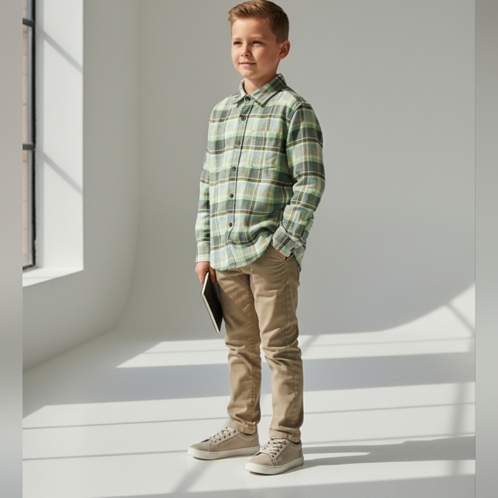 Cat & Jack Shirts Boys L Green Plaid Flannel